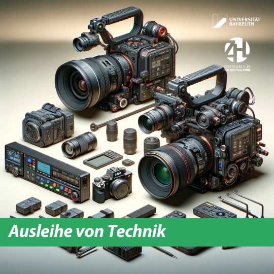 Für mobile Videoproduktionen verleihen wir mehrere Sets. Mit der weitestgehend automatisch funktionierenden Kamera Sony VZ 1 samt Zubehör sprechen wir Lehrende und Studierende mit wenig Film-Vorerfahrung an. Das professionelle Set mit der Blackmagic