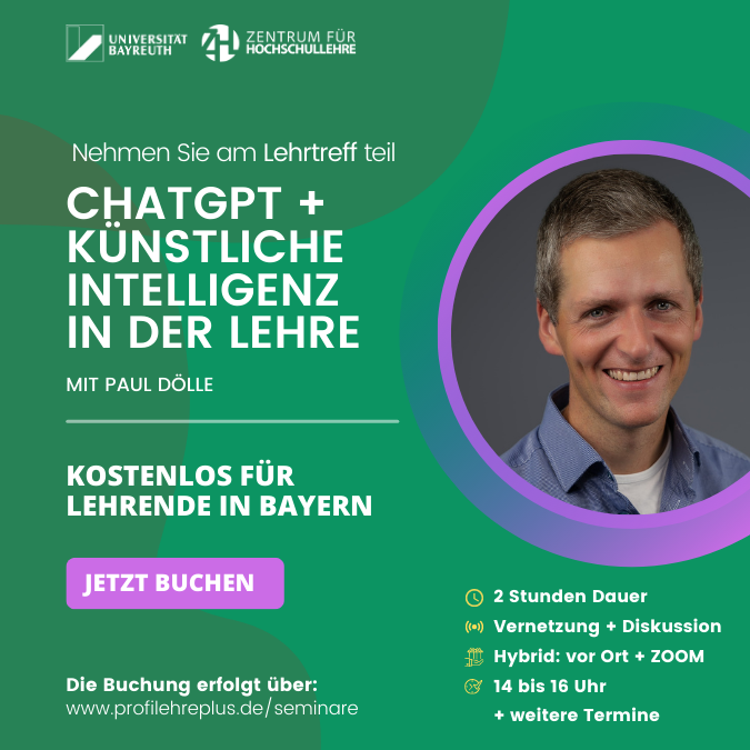 22.5.23: Der Lehrtreff bringt Lehrende zusammen, um über didaktische Konzeptionen, Lehrimpulse und Lehrerfahrungen rund um ChatGPT und Künstliche Intelligenz zu sprechen: https://profilehreplus.de/seminare/lehrtreff-zu-chatgpt-und-kuenstliche-intelli