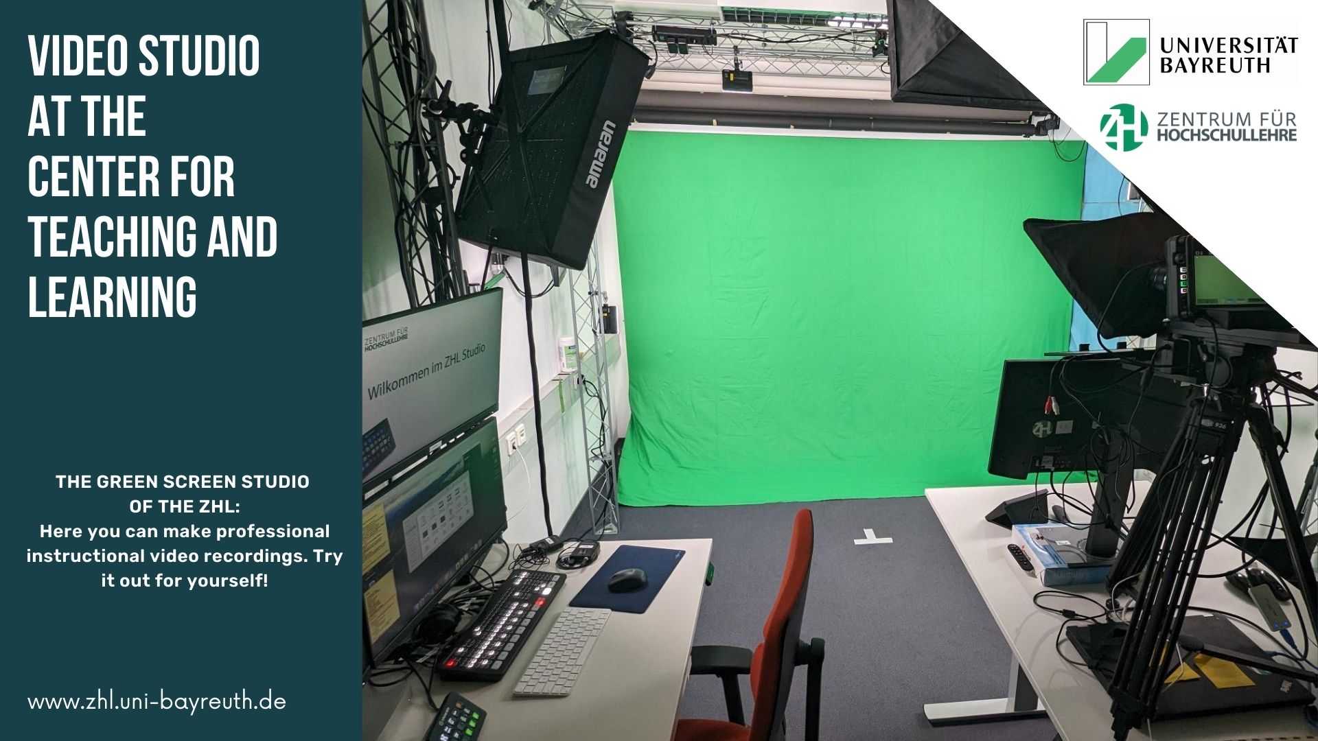 The Centre for University Teaching has set up the video studio to enable teaching with digital teaching materials and videos. Teachers can record themselves and independently select and record dozens of different video formats.
