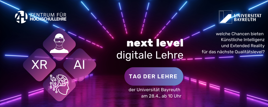 Slider mit Werbung für den Tag der Lehre: Einladung zum 28.4. dem Tag der Lehre zum Thema "next level digitale Lehre - KI und XR"