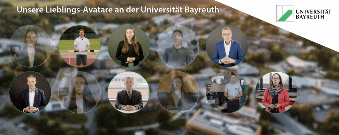 Übersicht über mehrere interaktive Avatare, die an der Uni Bayreuth bisher eingerichtet wurden. Sie werden genutzt in ExamSim, um Prüfungsvorbereitungen für Studierende zu treffen.