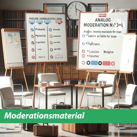 Für analoge Papier- und Stift-Moderationen bietet es sich an, Pinnwände, Flipchart und Moderationskoffer zu verwenden. Wir verleihen diese Materialien. Insgesamt haben wir sechs Pinnwände, drei Flipcharts und drei Moderationskoffer, die wir nach Verf