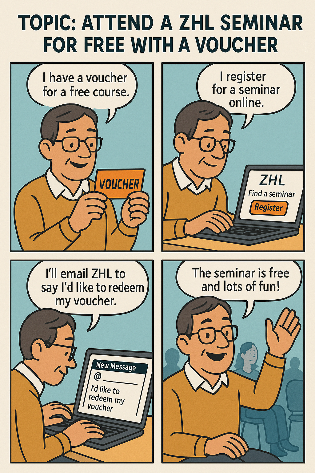Comic das zeigt, wie man den Voucher einlösen kann Gutschein und Voucher für einen kostenlosen Kurs am ZHL Bayreuth Universität
