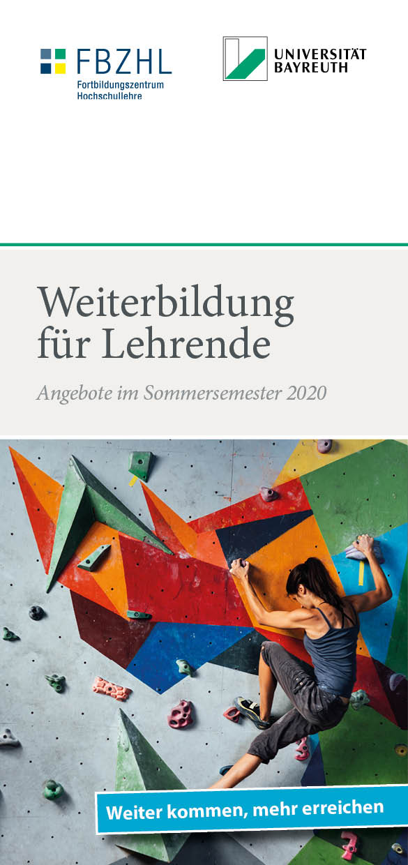 Weiterbildung im Bereich Hochschuldidaktik für alle Lehrenden der Universität Bayreuth. Allgemeines Seminarangebot zur professionellen Weiterbildung der Forschenden der Universität. Hier ist das allgemeine Seminarprogramm als Cover abgebildet.