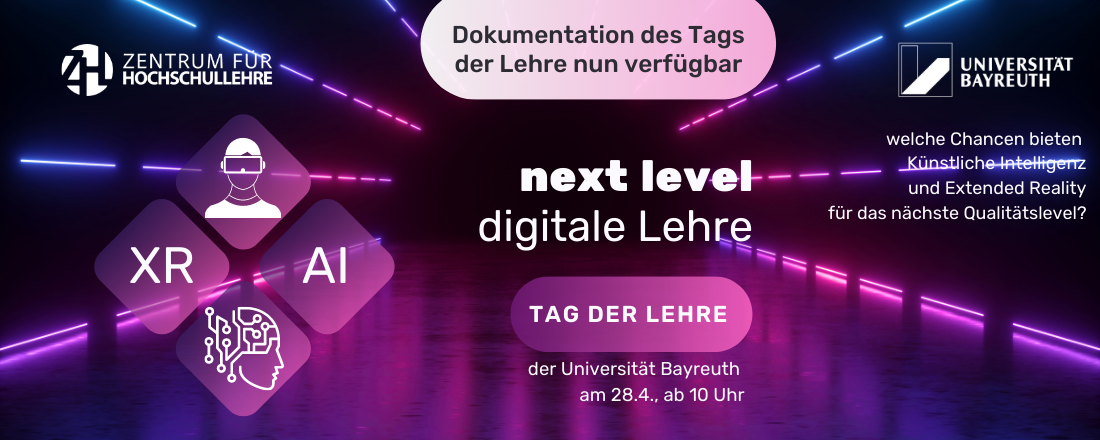 Slider mit Werbung für den Tag der Lehre: Einladung zum 28.4. dem Tag der Lehre zum Thema "next level digitale Lehre - KI und XR"