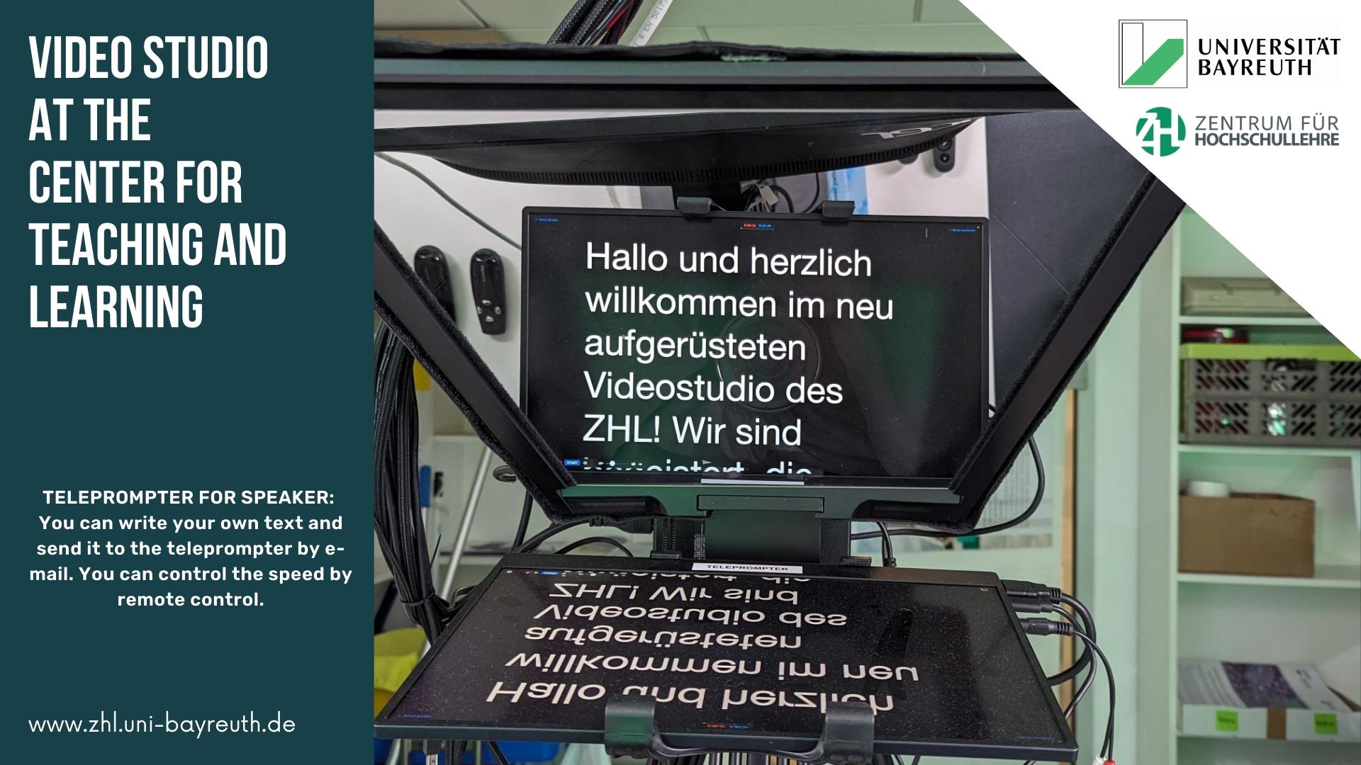 The Centre for University Teaching has set up the video studio to enable teaching with digital teaching materials and videos. Teachers can record themselves and independently select and record dozens of different video formats.